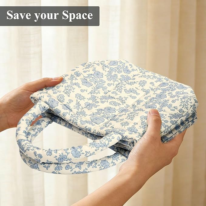Small Storage Basket Organizer, Mini Fabric Floral Storage Baskets with Handle, Quilted Portable Collapsible Storage (Blue Floral)