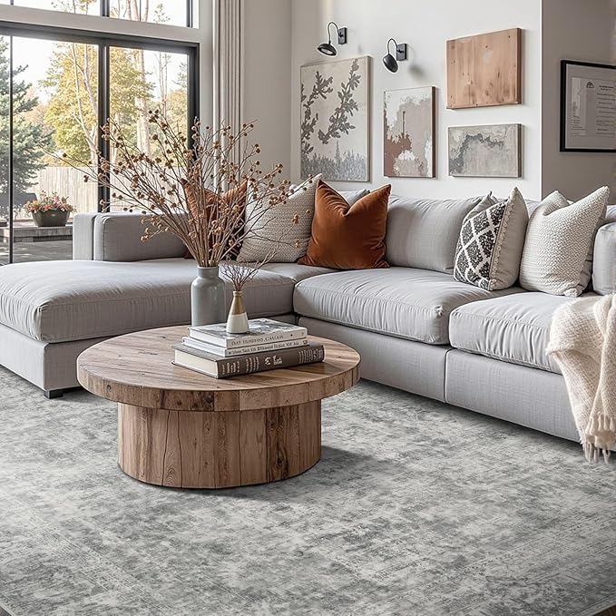 Rugxara 8x10 Area Rugs for Living Room, Large Washable Rug, Grey Vintage Abstract Boho Rug, Non Slip & Low Pile Faux Wool Carpet for Indoor Dining Room, Farmhouse and Bedroom(Grey 8x10ft)