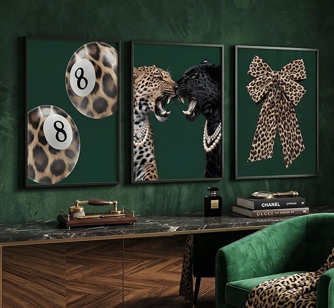 3Pcs Framed Trendy Leopard Canvas Wall Art Funky Lucky 8 Ball Pictures Wall Decor Cheetah Bows Preppy Aesthetic Posters Prints Paintings for Bedroom Dorm Living Bathroom Home Decoration