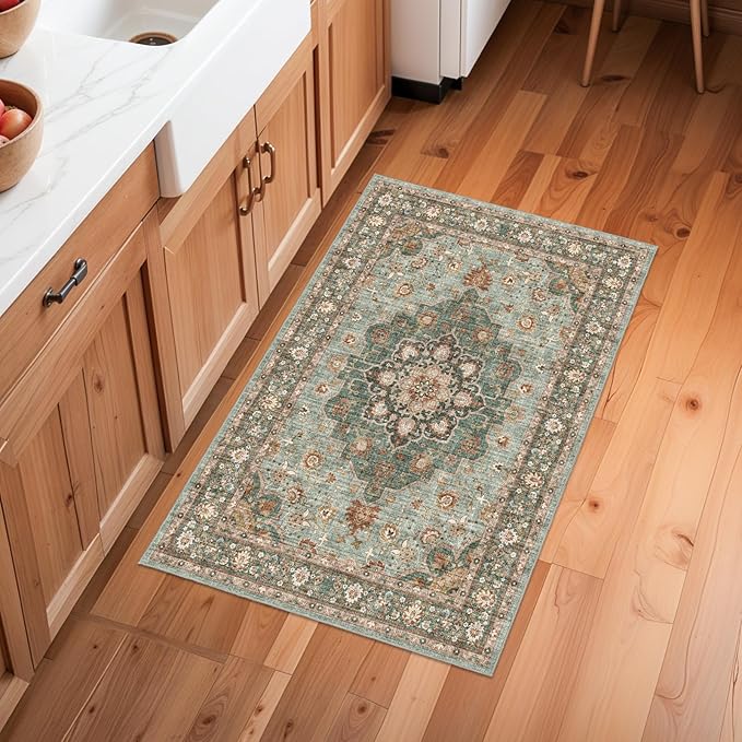 Washable Oriental Area Rug - 2x3 Rugs for Living Room Soft Carpet for Bedroom Waterproof Floral Distressed Indoor Stain Resistant Non-Shedding Floor Carpets (Green, 2x3)