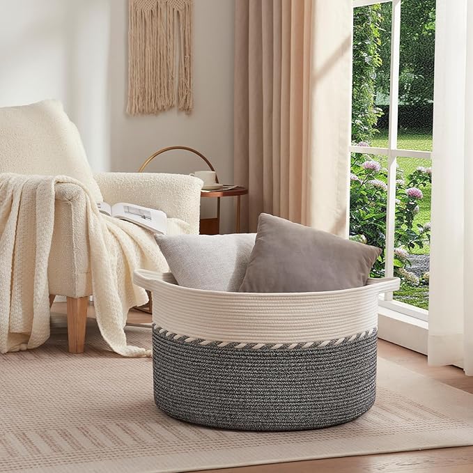 OIAHOMY 125L Extra Large Blanket Basket, 25" x 16", Jumbo Laundry Hamper, Cotton Rope Basket with Handles,Baby Toy Storage Bins,Black