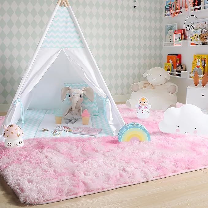 Amdrebio Tie-Dyed Pink and White Rug 5x8 for Girls Bedroom, Soft Area Rugs for Kids Room, Cute Fluffy Fuzzy Princess Rugs for Playroom Dorm, Furry Shaggy Carpet for Baby Nursery, Preppy Room Decor