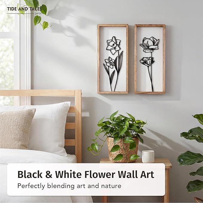 3D Black and White Wall Art (Set of 2) Lightweight, Wooden Ready-to-Hang Framed Floral Wall Art for Bathroom, Bedroom, Living Room or Office – Boho Botanical Farmhouse Decor – Gift-Boxed