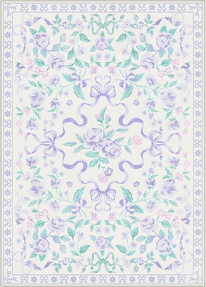 GENIMO 8X10 Washable Vintage Area Rugs for Living Room, Non-Slip Low Pile Chenille Print Rug, Soft Rugs for Bedroom Dining Room Home Office, Pastel Purple