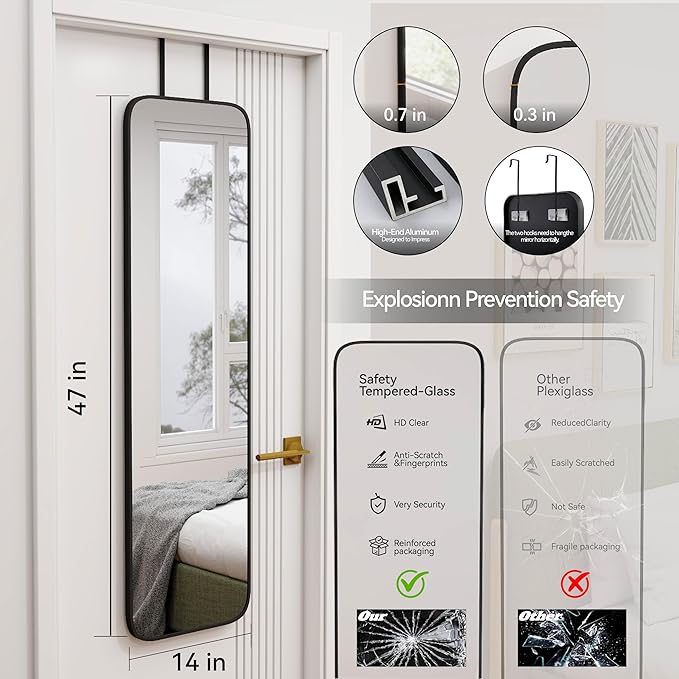 SCWF-GZ 47x14 Mirror Full Body Length Door Hanging/Rope Hang/Wall Mounted Metal Frame Rectangle Mirrors for Bedroom Bathroom Dressing Living Room 47 inch Black