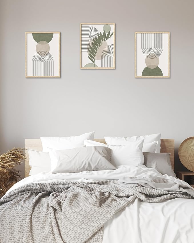 HesenDot Unframed Boho Sage Green Canvas Prints,12x16in Botanical Line Wall Art,Set of 3 Abstract Geometric Posters Decor,Minimalist Modern Green Artwork for Living Room Bedroom Bathroom Office Home
