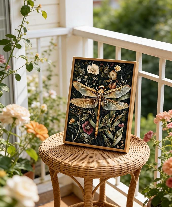 Framed Vintage Botanical Dragonfly Wall Art Dark Green Gothic Nature Dragonfly Flowers Wall Decor Pictures for Living Room Bedroom Home Decoration 12x16in