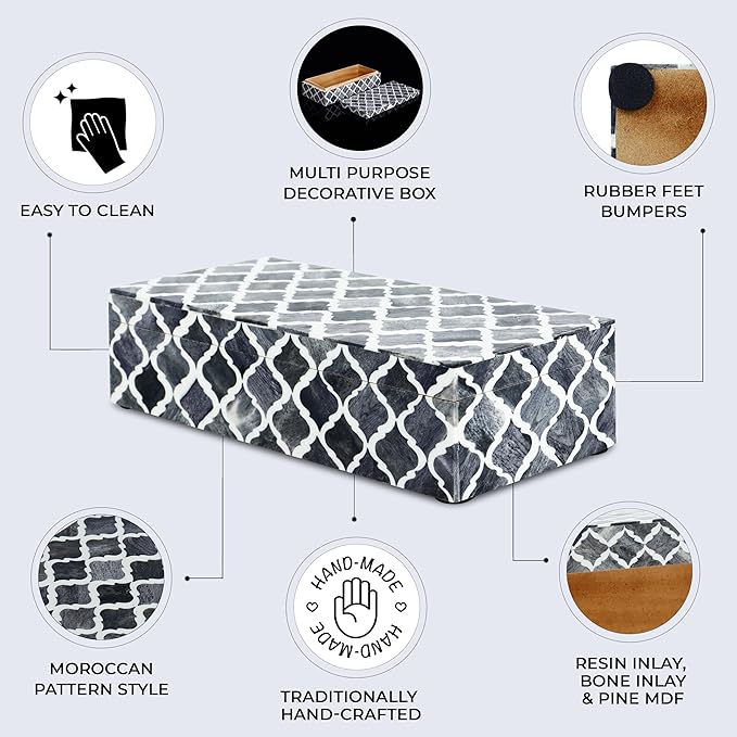 Handicrafts Home Decorative Storage Box with Lid, Moroccan Coffee Table Storage Box Organizer, Wooden Keepsake Jewelry Box, Decorative Desk Console Storage Box, Gray, 10 x 4.5 x 2.5