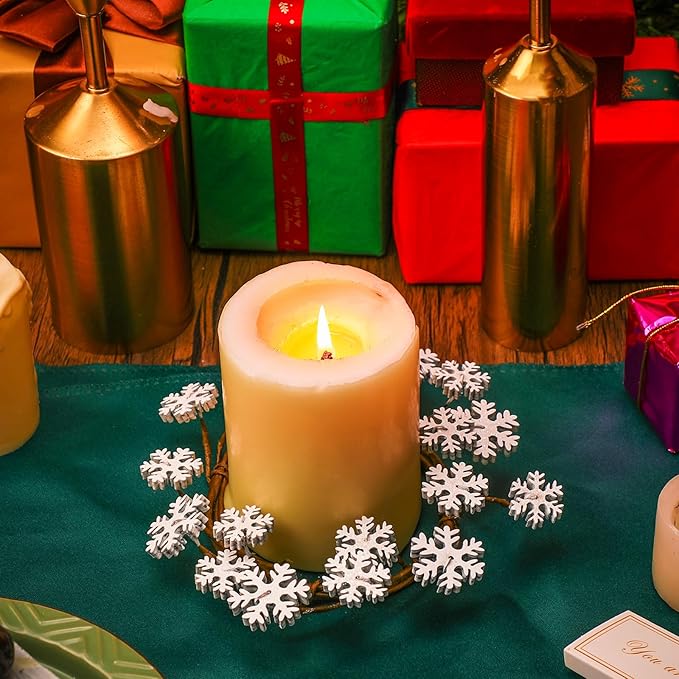 Daifunli 2 Pcs Winter Candle Rings Snowflake Wreath Glitter Vintage Wood Wreaths for Pillar 3.9 Inch Frosty Candles Holder for Winter Christmas Xmas Wedding Home Rustic Table Centerpiece Decor