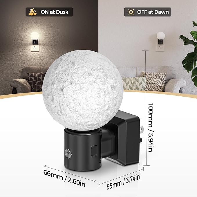 DORESshop Moon Night Light, Night Lights Plug into Wall, Dusk-to-Dawn Sensor, 3D Design 5000K Daylight White, Dimmable Nightlights Indoor for Bathroom, Bedroom, Hallway, Stairs, 2 Packs