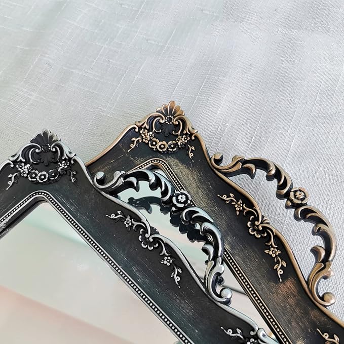 Rectangle Decorative Mirror Tray, French Style, Makeup Organizer, Jewelry Organizer, Serving Tray, 9.5"x 14.9", Silver Black