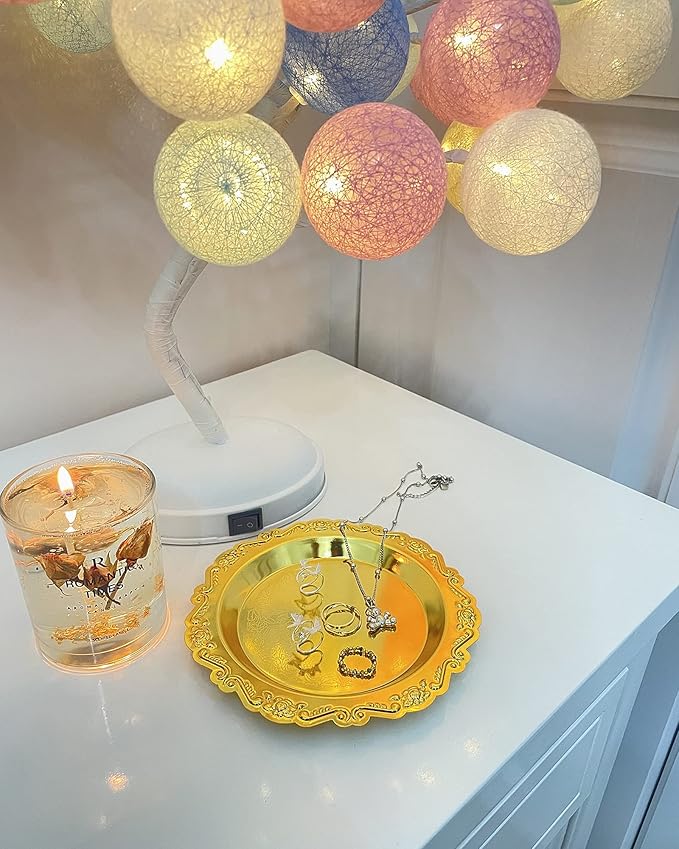 Round Storage Tray Necklace tray Jewelry Holder Organizer Dessert Plate Fruit DishRing Dish Organizer Holder Home Decor Wedding Gift for Perfume Candle Holiday Party(Golden/Silver) (Golden, Small)