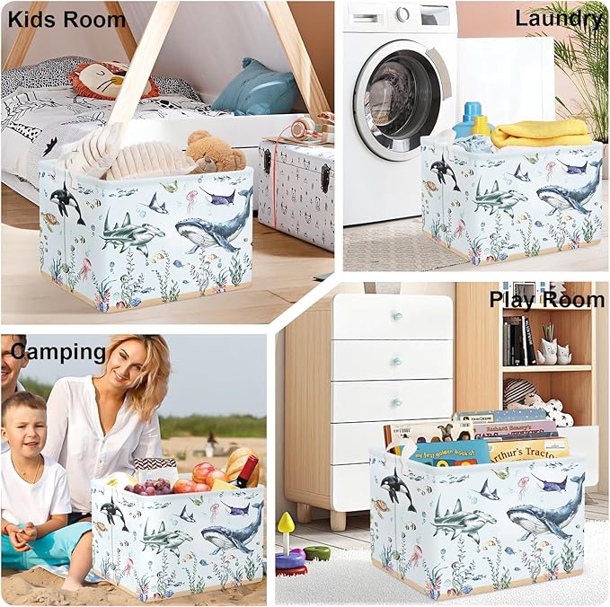 Ocean Animals Baby Laundry Hamper Collapsible Clothes Kids Storage Basket Large Boys Girls Gift Toy Box Bin for Nursery Room, Blue Shark, 36L
