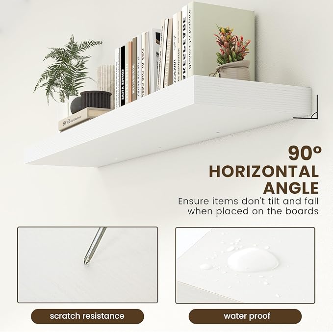 FLYJOE 12 Inch Deep Floating Shelves | 55 Inch White Floating Shelves | 55" W x 12" D Rustic Wood Shelves for Wall | Deep White Shelves for Living Room Bathroom Laundry Room Kitchen