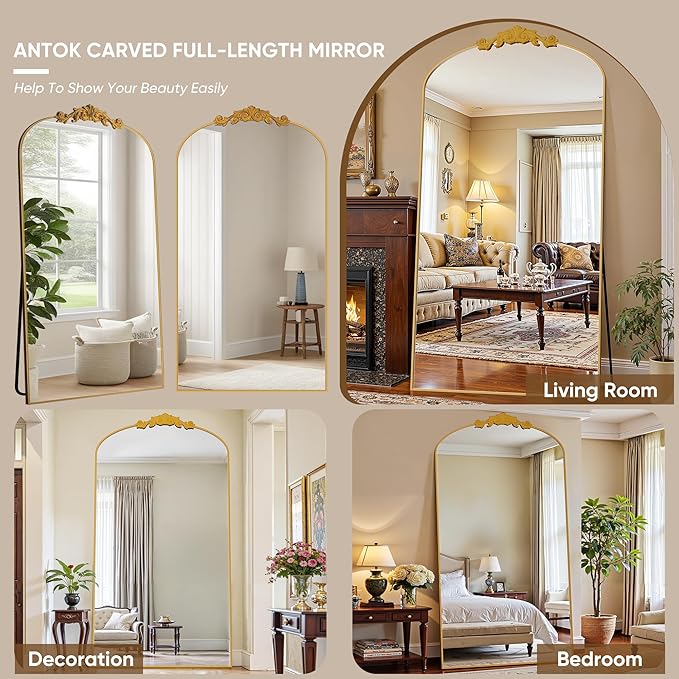 Antok Arched Full Length Mirror, 82"x44" Floor Mirror with Carved, Full Body Mirrors for HomeDecor, Standing/Halling Large Wall Mirror for Bedroom, Living Room, Cloakroom, Gold, Retro Style