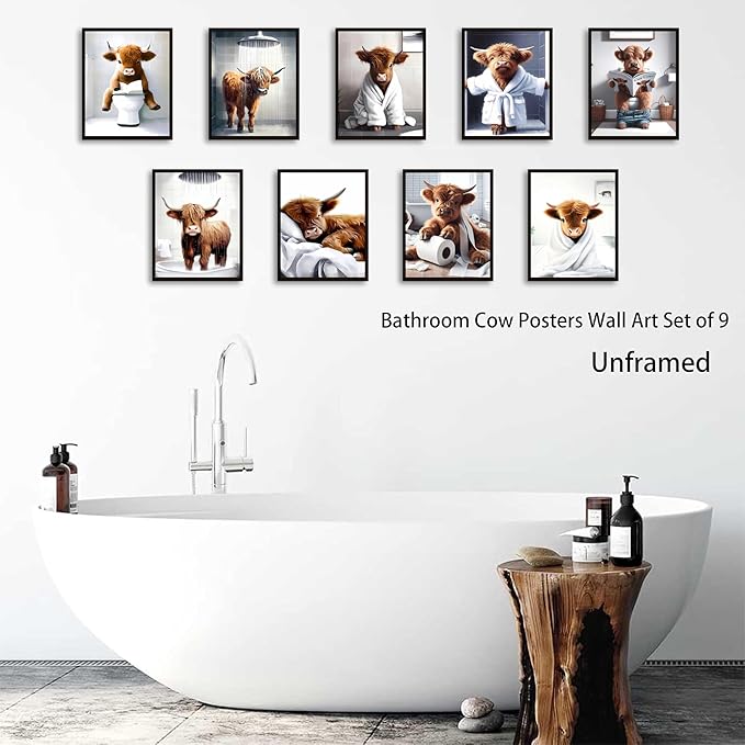 SEHSUVC Funny Bathroom Cow Posters Wall Art Set of 9, Vintage Brown Highland Cow Canvas Prints Pictures, Art Animal Restroom Wall Decor for Bathroom Bedroom Babyroom Decoration 8x10In Unframed