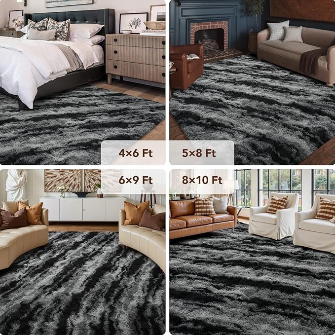 FinRèc 8x10 Rugs for Living Room Bedroom, Tie dye Striped Black Fluffy Shaggy Area Rug, Non-Slip Soft Shag Rug for Nursery Kids Room Dorm Room Home Decor, Indoor Plush Floor Carpet