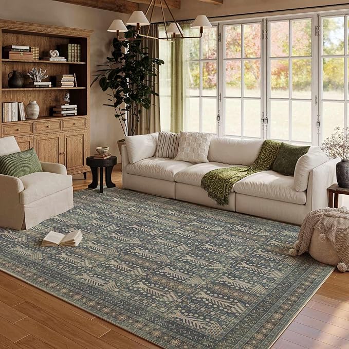 Rugxara 5x7 Washable Area Rugs for Bedroom & Living Room - Floral Boho Vintage Rug,Soft & Non-Slip,Low Pile Wool Carpet for Indoor Dining Room,Girls Room,Nursery Room and Kids Room(Ivory Blue)