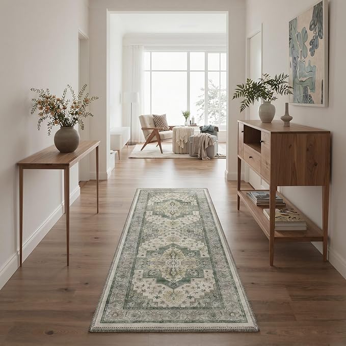 GENIMO Runner Rug 2x5 Non Slip Machine Washable Vintage Hallway Runner Rug, Low Pile Lightweight Rugs for Entryway, Hallway, Kitchen and Corridor, Sage Green