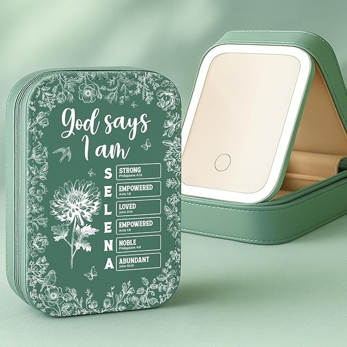 WANDERPRINT Personalized Floral Makeup Box with LED Mirror – Custom Name Birth Month Flower Jewelry Organizer, Travel Cosmetic Case Gift for Women & Girls on Christmas Birthday (Color 5)