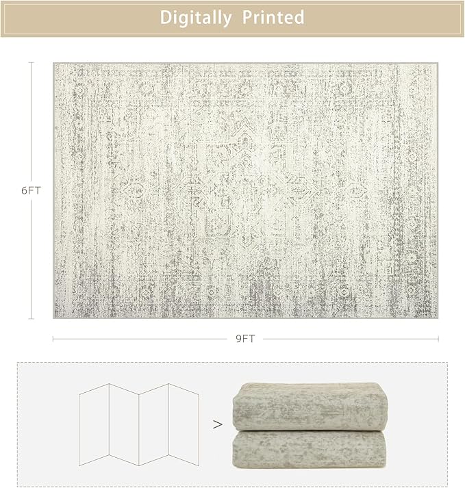 Srugn Washable Rugs 6x9 Area Rugs for Living Room,Bedroom,Dining Room- Large Ultra Soft Faux Wool Retro Carpets,Non Slip&Non-Shedding Low Pile Vintage Print Rug for Home Office Decor-Beige