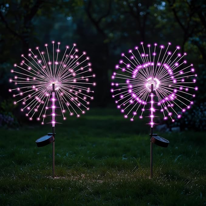 2 Pack 250LED Solar Garden Lights Outdoor, Dual Lighting Modes Firework Lights Solar Powered, Waterproof Twinkle Fairy Light Outside for Yard Patio Pathway Christmas Party Decorative（Purple