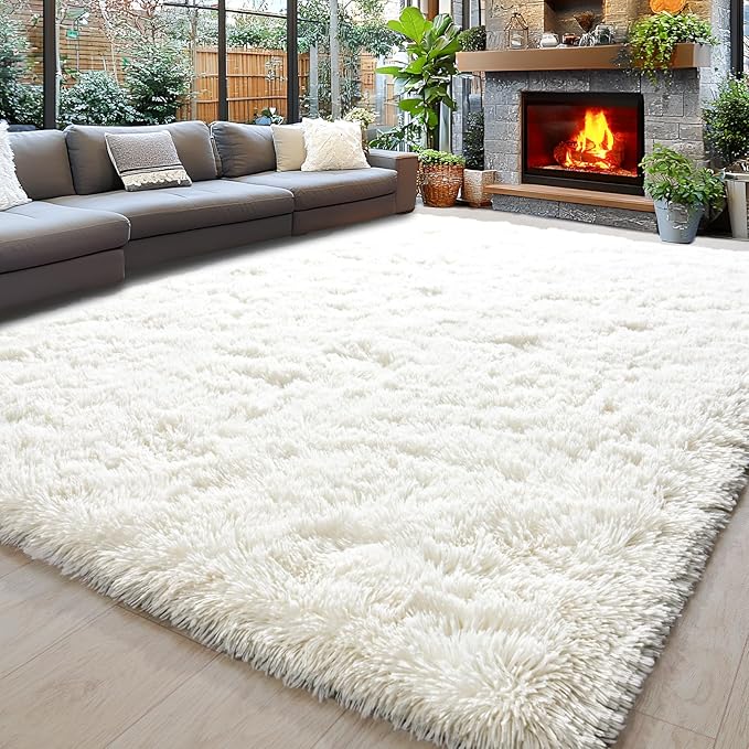 Area Rugs 9x12 for Living Room, Ultra Soft Fluffy Rugs for Bedroom, Non-Slip Furry Large Rug for Teen Girls and Boys,Nursery Kids Room Dorm Home Decor, High Pile Plush Floor Carpet, Cream White