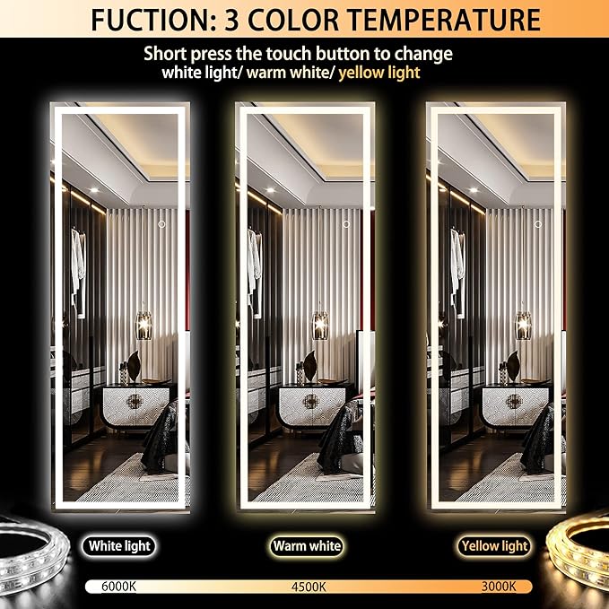 Hasipu Full Length Mirror with Lights, 56" x 15.8" LED Floor, Full Body Dressing Standing, Hanging Mounted Mirror, Square Black