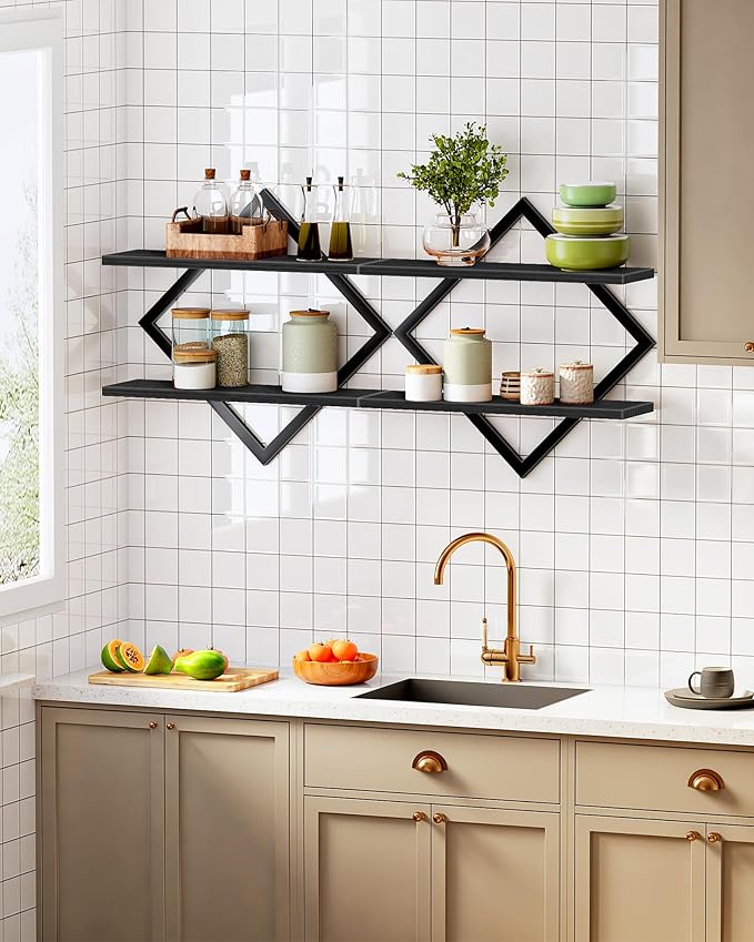 CHOEZON Floating Shelves, Set of 2 Wall Shelves, 2-Tier Hanging Shelves, Wall Shelf Set of 2, Wall Mounted Shelves, for Living Room, Bedroom, Kitchen, Office, Study, Black TBJ01P2BB