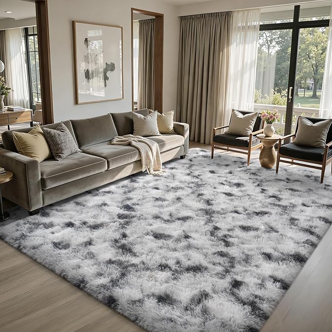 8x10 ft Fuzzy Rugs for Living Room,Black and White Bedroom Area Rug Non-Slip,Carpet for Nursery Kids PlayRoom Indoor Modern Plush Carpets