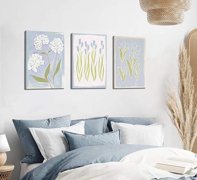 3Pcs Blue Green Tulip Hydrangea Flower Canvas Wall Art Flowers Plant Aesthetics Painting Picture Decor Elegant Preppy Poster Print Artwork for Living Room Gallery Bedroom Dorm Home Decoration