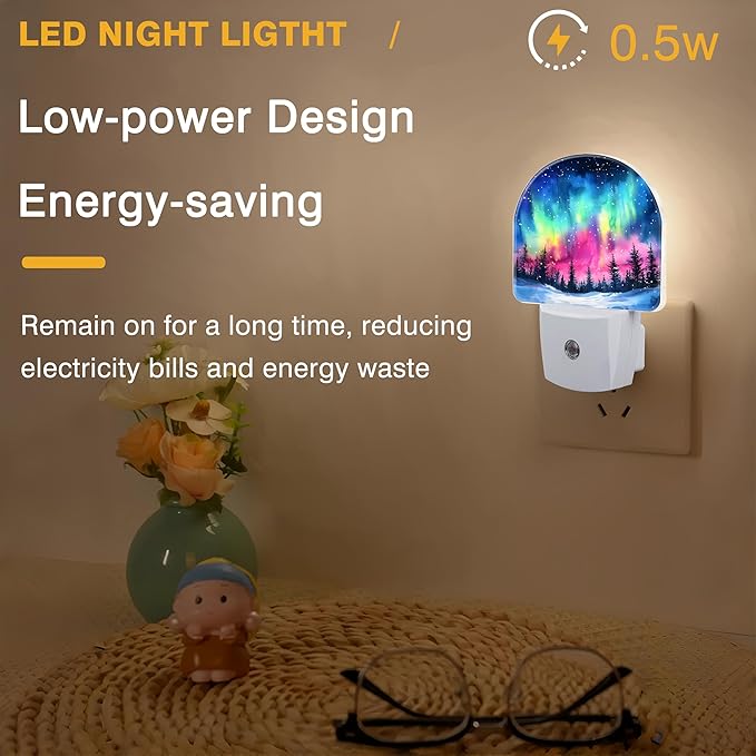 Night Light, Northern Lights in Winter Forest Sky Night Lights Plug into Wall Dusk to Dawn Sensor Round Nightlight for Women Men Energy Efficient Led Lamp 0.5W for Stairway Hallway Bedroom
