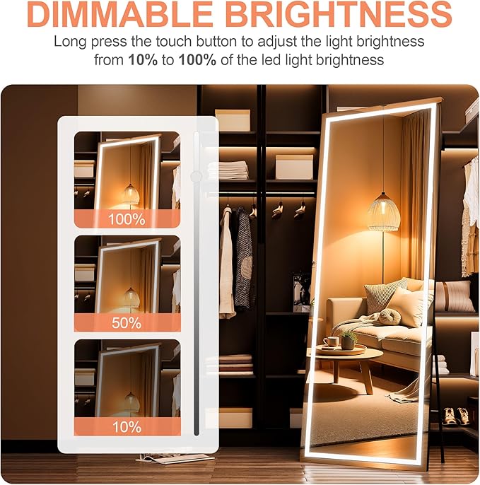 75" x 28" Full Length Mirror with Lights, LED Lighted Floor Standing Body Mirror, Dimmable & 3 Color Lighting for Bedroom, Cloakroom, Dressing Room, Tempered Glass, Black Frame