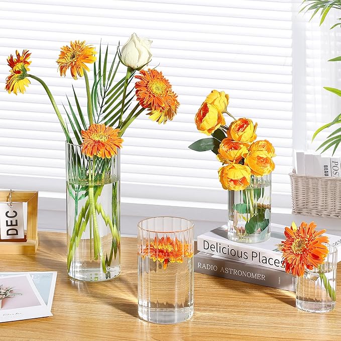 36 Pack Ribbed Glass Cylinder Vases 4,6,10 Inch Tall Clear Flower Vase Hurricane Floating Candle Holder for Table Centerpiece Wedding Home Decor