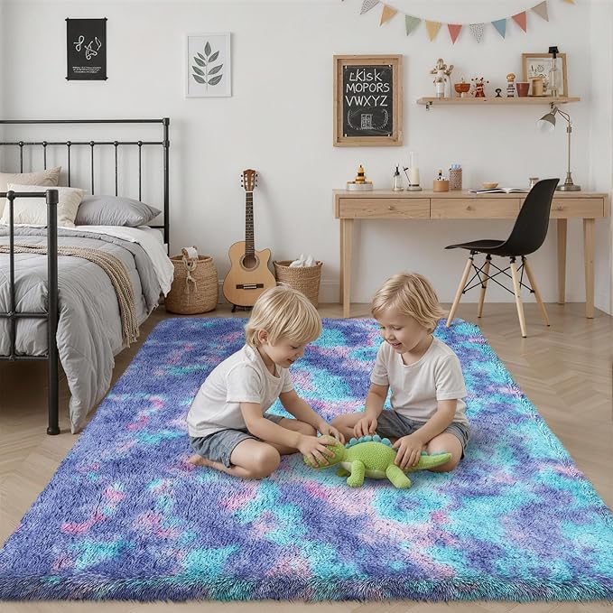 8x10 Area Rugs for Living Room Bedroom: Ultra Soft Fluffy Shag Rug Upgrade Non-Slip Non-Shedding Large Fuzzy Plush Carpet Indoor Floor Carpets for Kids Room Playroom Nursery Dorms Home Rainbow Purple