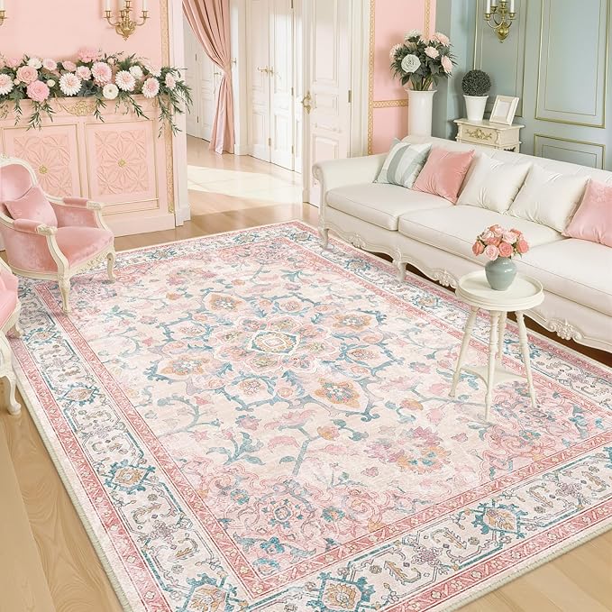 CAPALOCA Machine Washable Rugs Nursery Rug 6x9 Cute Girl Non Slip Low Pile Water Repellent Soft Print Pattern for Bedroom Indoor Decor Kids Playroom Pink Teal