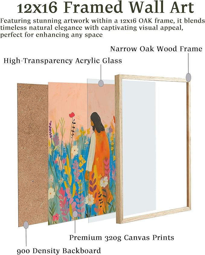EcoHest OAK Wood Jesus Framed Wall Art, 12x16in The Wildflowers Bible Verse Christian Wall Art, Modern Bedroom Decor For Living Room Bathroom Religious Gift 1Pack