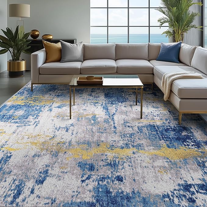 RELEANY Washable Area Rugs 10'x12' Non-Slip Modern Abstract Soft for Living Room Entryway Bedroom Nursery, Print Pattern, Grey Blue Gold/Golden