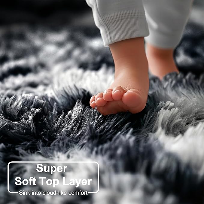 Amdrebio Black White Grey Runner Rugs 2x6 for Bedroom Living Room Decor, Fluffy Fuzzy Shag Bedside Area Rug for Kids Room Dorm Home Office, Cool Shaggy Plush Floor Modern Carpet for Teen Boys Men