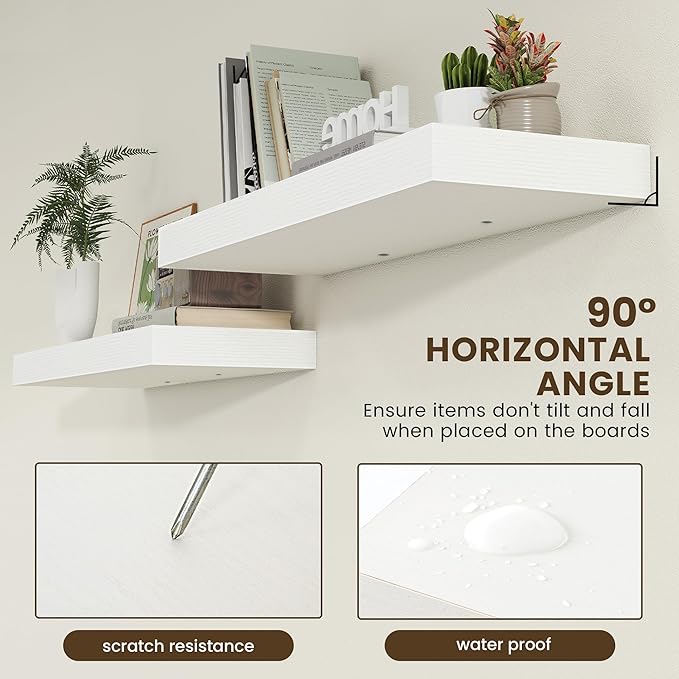 FLYJOE Deep Floating Shelves | 36 Inch White Floating Shelves Set of 2 | 12 Inch Deep Rustic Wood Shelves for Wall | 36" W x 12" D White Shelves for Living Room Bathroom Laundry Room Kitchen