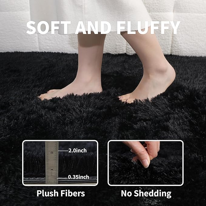 KICHOWUA 4x6 Black Fluffy Shag Rug for Bedroom, Ultra Soft Plush Fuzzy Washable Cozy Carpet for Living Room, Modern Non Slip Floor Comfy Furry Shaggy Area Rug for Kids Baby Boys Girls Nursery Dorm