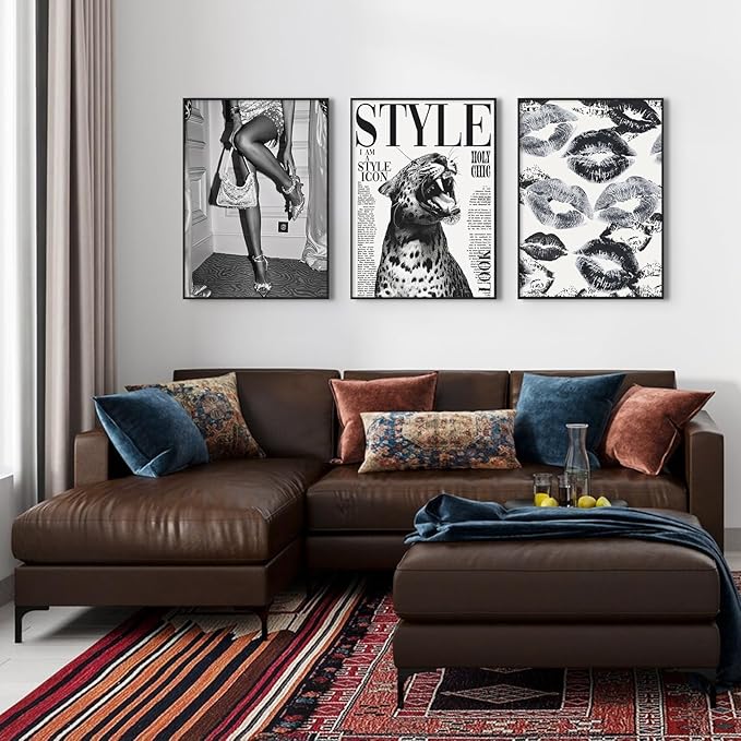 Trendy Leopard Wall Art Black and White Cheetah Canvas Wall Decor Fashion Preppy Room Poster Vintage Y2k Aesthetic Prints Funky Heels Lips Pictures Artwork for Girl Bedroom 12x16x3 Inch Unframed