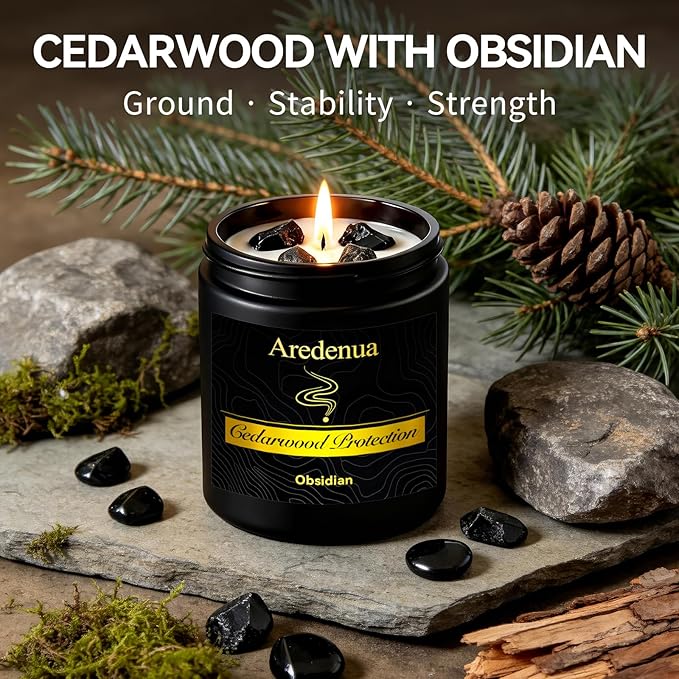 Scented Candle with Crystal for Emotional Protection and Grounding - Cedarwood Aromatherapy Candle with Obsidian Healing Crystals, Natural Soy Wax 7oz, Strength Gift for Women Men