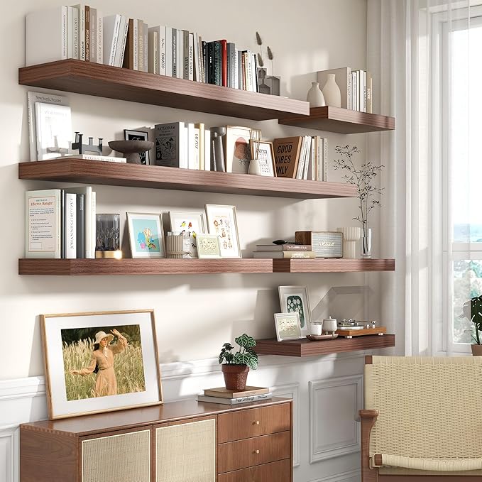 FLYJOE 72 Inch Walnut Floating Shelf | 12 Inch Deep Floating Shelves Set of 1 | 72" D x 12" D Rustic Wood Shelves for Wall | Deep Walnut Shelves for Living Room Bathroom Laundry Room Kitchen