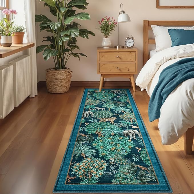 GarveeHome Jungle Rug 2x6 Kitchen Runner Rug Non Slip Washable Runners for Hallways, Animal Print Runner Rugs with Rubber Backing Soft Low-Pile Forest Long Carpet for Bedroom Entryway Laundry, Blue