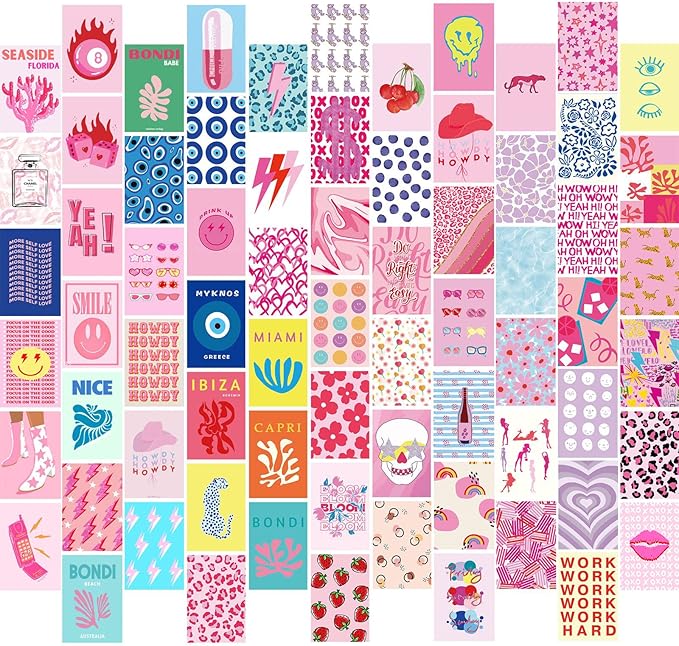 KBKBART 70pcs Preppy Room Decor, Aesthetic Pictures, Cute Trendy Pink Photo Collage Kit 4"x6" Hot Pink Preppy Wall Art Posters/Things for Teen Girls Bedroom Dorm