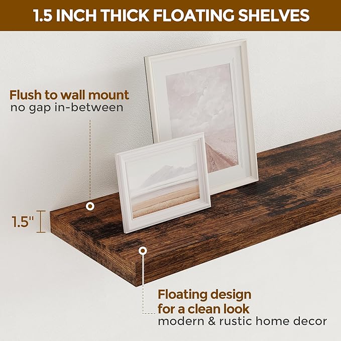 16 Inch Long Floating Shelves, 9.3 Inch Deep Floating Shelf for Wall, Living Room, Kitchen, Rustic Deep Wood Shelves for Bathroom, 2 Pack Storage Display Shelf for Books, Decor, Rustic Brown