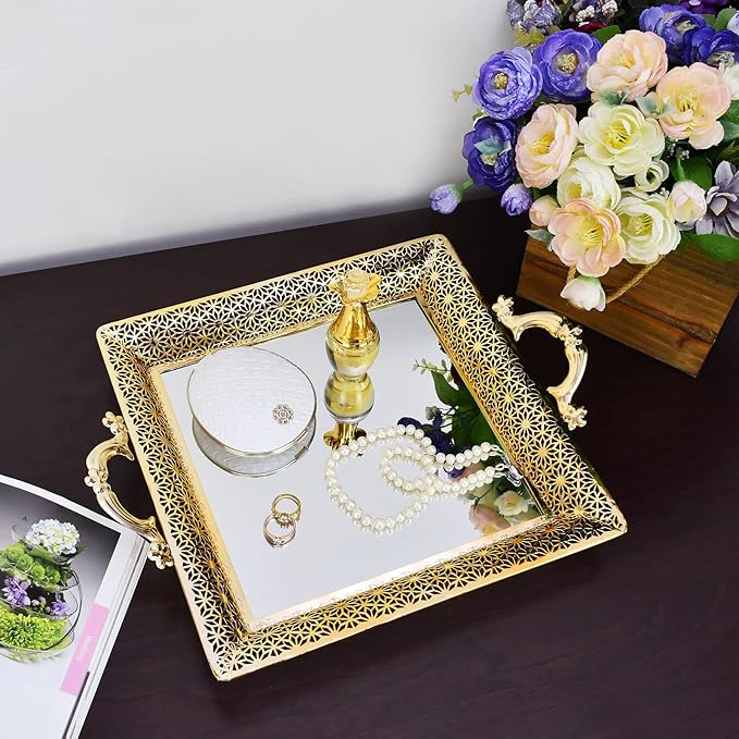 Mirrored Tray with Handles Home Decor Vanity Tray for Dresser Make Up Jewelry Organizer Perfume Decorative Serving Glass Mirror Gold
