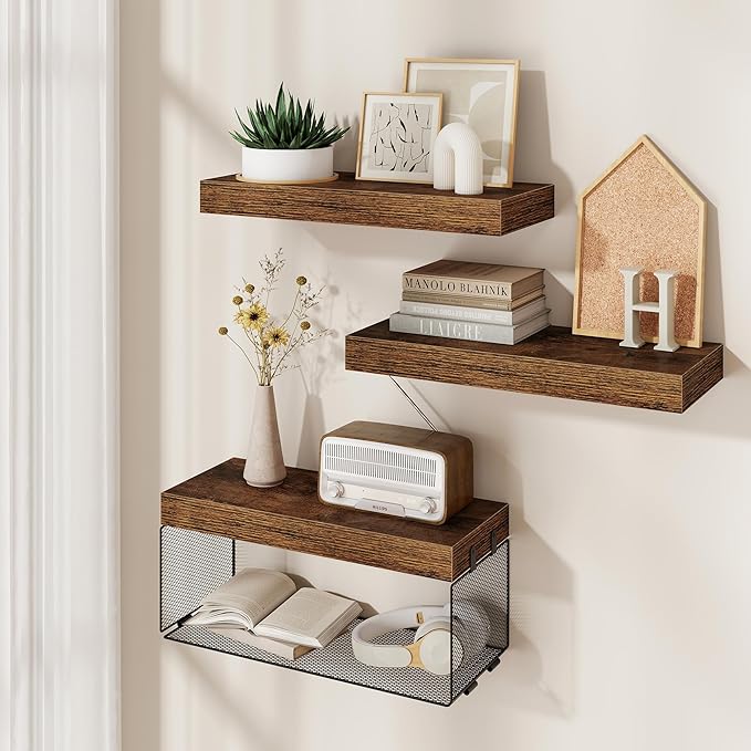Acovy Bathroom Floating Shelves for Wall,16 inch Wall Mounted Floating Shelf Toilet Organizer and Storage,Small Farmhouse Decor Shelf,Rustic Brown,Set of 3