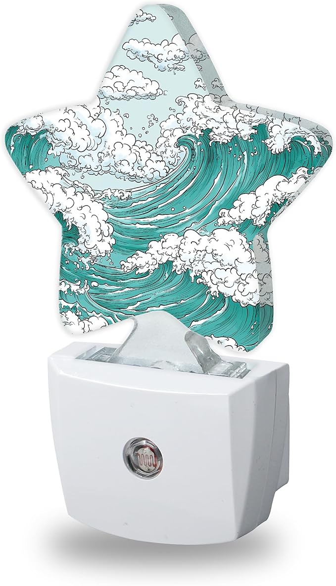 Japanese Wave Art Decorative Nightlight Plug in Wall,Classic Ocean Star Shaped Night Light with Built in Sensor for Home Decor,Kitchen Hallway Stairs Desk Lamp